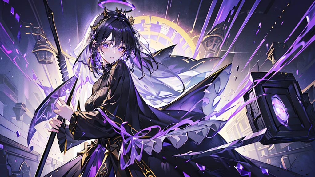 (Super detailed)),((illustration)),((masterpiece)),(((need))),((fine、Highest quality CG Unity 8K wallpapers,masterpiece),((4K,masterpiece,best quality)),Black hair queen,Waist-length hair,Royal sister,Sexy,Tall figure,Lilac eyes,Standing upright in a coffin,Mature,Hair Bunch,Hair tied on both sides,Black and gold gauze robe,Black and purple French vintage clothing,Gorgeous pure black cape,Black veil,Purple-white halo,Black and purple high heels,Wearing a crown on the head,Holding a knight's sword,pyramid,Emitting dim purple light,Brilliant palace,The deep sea is filled with coffins,Mysterious symbols,individual,Full body picture