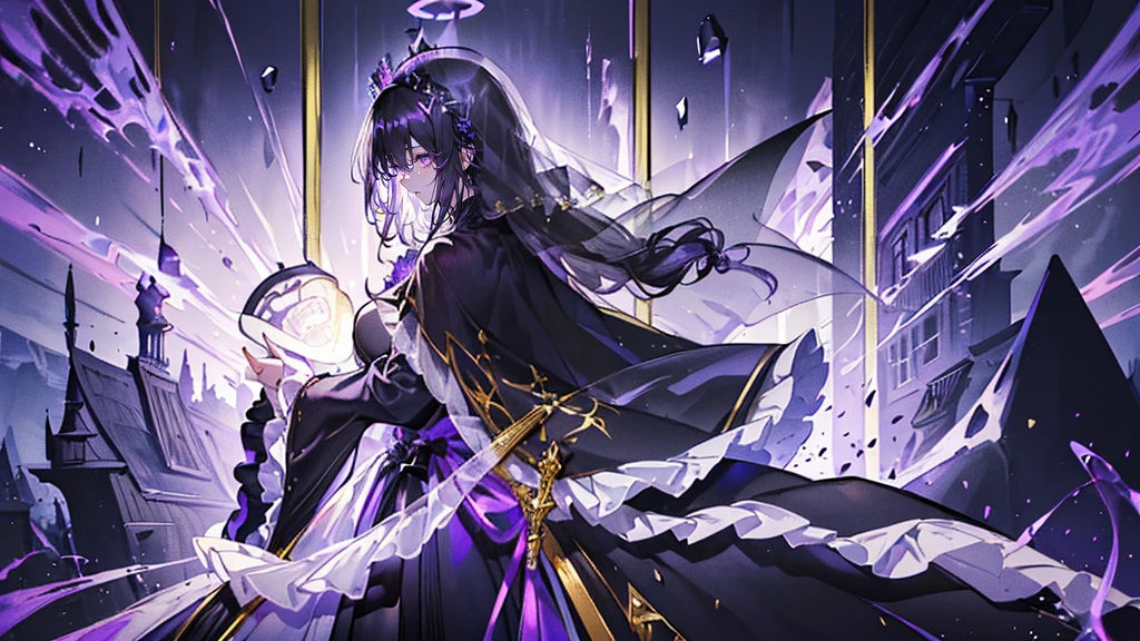 (Super detailed)),((illustration))，((masterpiece)),(((need))),((fine、Highest quality CG Unity 8K wallpapers，masterpiece），（（4K，masterpiece，best quality）），Black hair queen，Waist-length hair，Royal sister，Sexy，Tall figure，Lilac eyes，Standing upright in a coffin，Mature，Hair Bunch，Hair tied on both sides，Black and gold gauze robe，Black and purple French vintage clothing，Gorgeous pure black cape，Black veil，Purple-white halo，Black and purple high heels，Wearing a crown on the head，Holding a knight&#39;s sword，pyramid，Emitting dim purple light，Brilliant palace，The deep sea is filled with coffins，Mysterious symbols,individual，Full body picture
