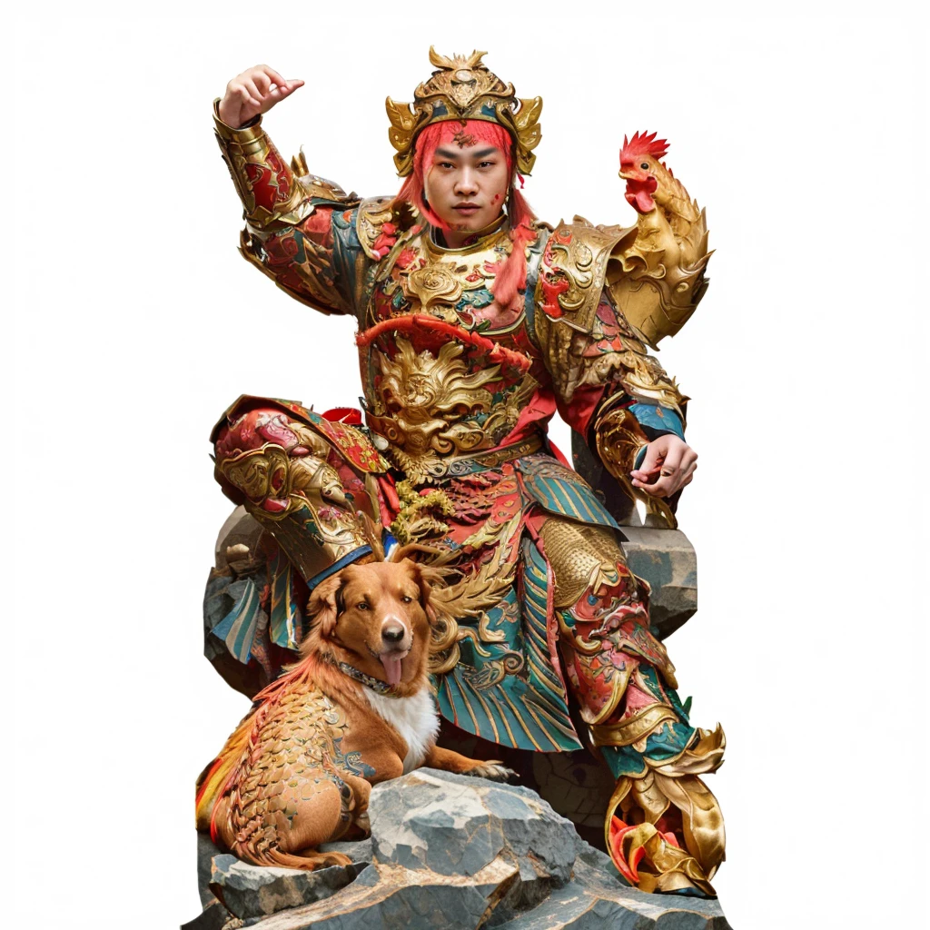 a young chinese man wearing dragon robe and armour. a dog, a rooster, chinese mythology, a red crab tattoo on forehead