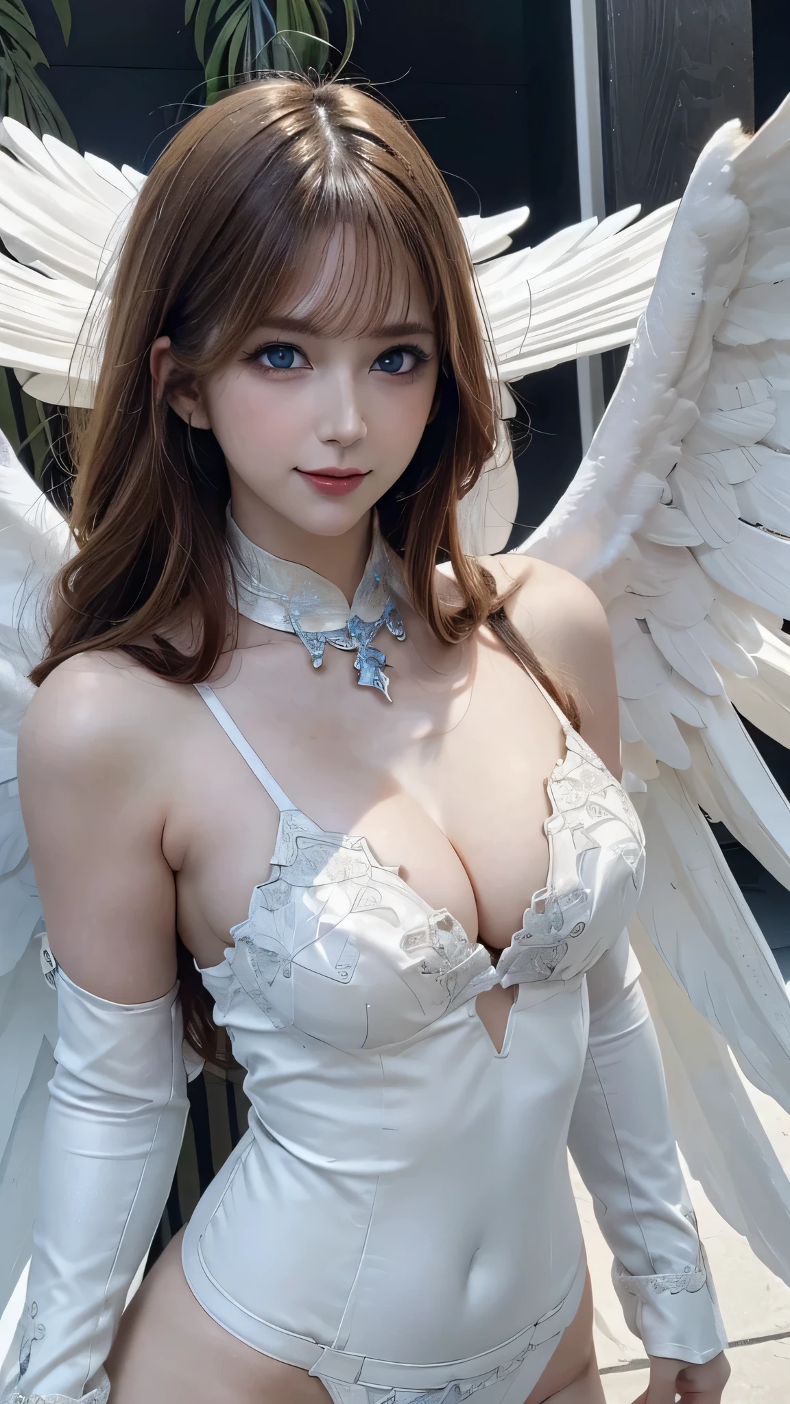 masterpiece, best quality, 4K, ultra-detailed, photorealistic, (1 girl), (upper body), (A fascinating eye for perfect detail:1.2), (revealing white angel clothing), (bare shoulder), blue eyes, (provocative smile), eroticism, white damaged wings on both sides, dynamic pose, ((fantasy background))