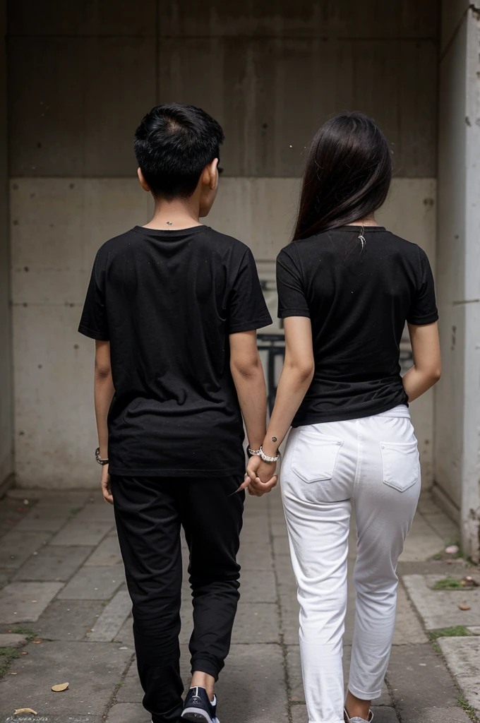 Thai couple, a 10-year-old Thai boy and a 10-year-old Thai girl, of the same height, thin and slender, walking hand in hand and wearing a black t-shirt and black pants. And they wear a black bracelet on both arms. Emphasize that they wear a black t-shirt. Seen from behind. by back.