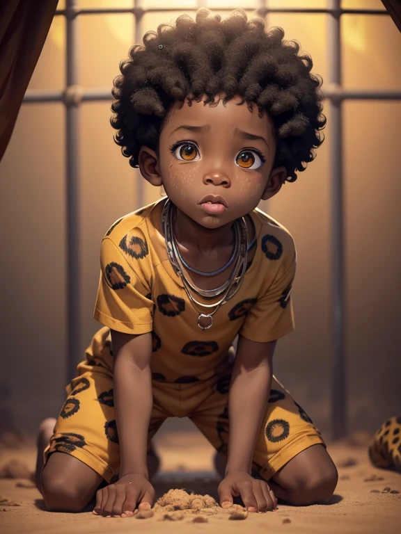 a 7  african boy with heavy big lower lips, detailed lower lips, round nose, curly black Afro hair, amber eyes, black skin,Wear a leopard outfit, Kneeling, scared expression, gritting teeth, sweating, In a cage,in a zoo setting