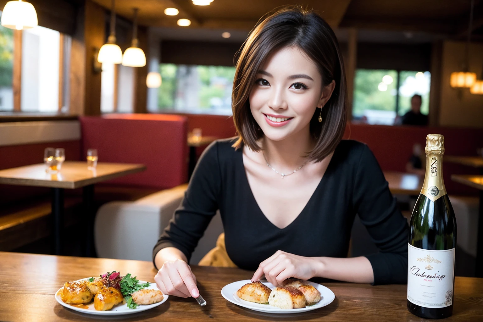 ((Highest quality、8K、masterpiece:1.3))、Shortcuts、cute、slimカップル、modelカップル、actress男優、(Realistic, Intricate details:1.2), full-course dinner、Wine Party、Amazing view of the sunset sky and clouds、A bright smile、short hair,Bright Face、 (Age 45), 42 years old, red wine 、Appetizers、Italian food、Wine bottle、Champagne、sparkling wine、Two beauties、Brown Hair、Shortcuts、Long sleeve shirt、dress、Beautiful woman 1, (slimな顔), (The body is slim), (Brown Hair), (Shortcuts), cheeks turn a little red,Attractive beauty、restaurant, In a prominent place (From the waist up) Nova Frog Style, actress, model, Upper Body, White wine, slim, wine glass, 中央に置かれたwine glass, smile, (smile: 1.15), Beautiful fine grain, Depth f/2,saturation, High Contrast, Strong light and shadow,Moist Body:1.5、3D texture、Delicate eyes、Brown Hair、The hair is very shiny、