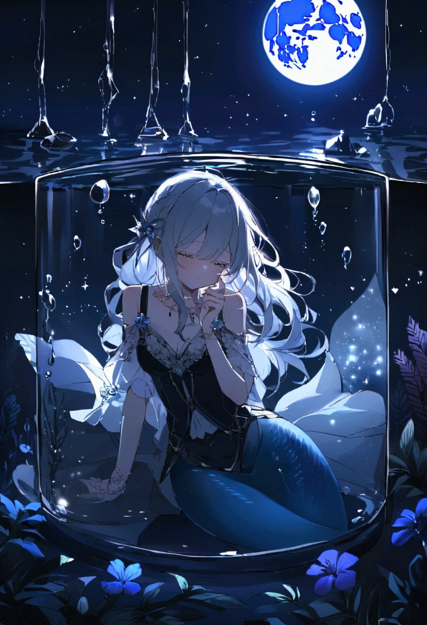 Mermaid's tears are a world where even sadness is transparent. A full moon in the distance in the horizon has a fairy tale feeling that makes me fall in love with you in the dark night. Silent tears. In the aquarium glass, missing you again and again has become the only thing left that lacks oxygen. Feel