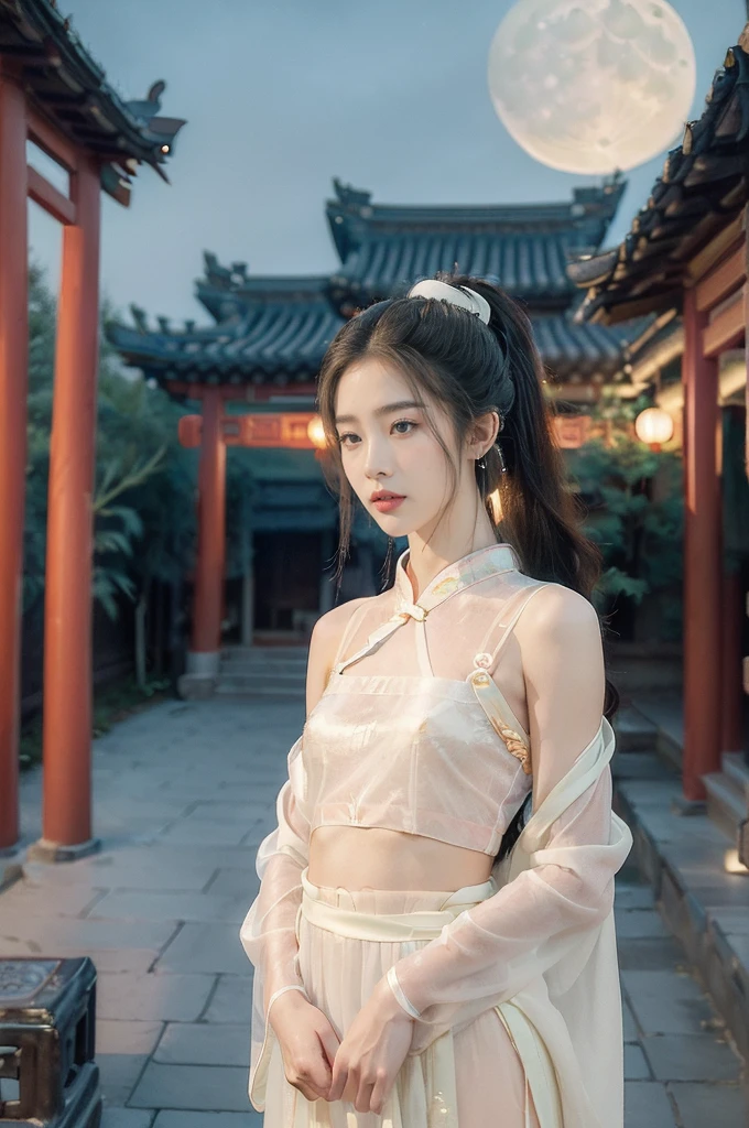 (((best quality))),(((ultra detailed))),(((masterpiece))),illustration,((1 beautiful girl,solo)),(short ponytail:1.2),((bright eyes,gentle smile)),((slim,thin)),((small breasts,flat chest)),(white see through sheer strap Hanfu:1.3),flowing fabric,serene demeanor,vibrant plants and trees,(Chinese-style architecture:1.3),tile roofs,intricate wooden carvings,rich and vivid colors,(serene glow of the moon:1.5),(((colorful clouds))),traditional Chinese garment,(((summer night,village courtyard))),((standing,arms behind back)),((from front,upper body))