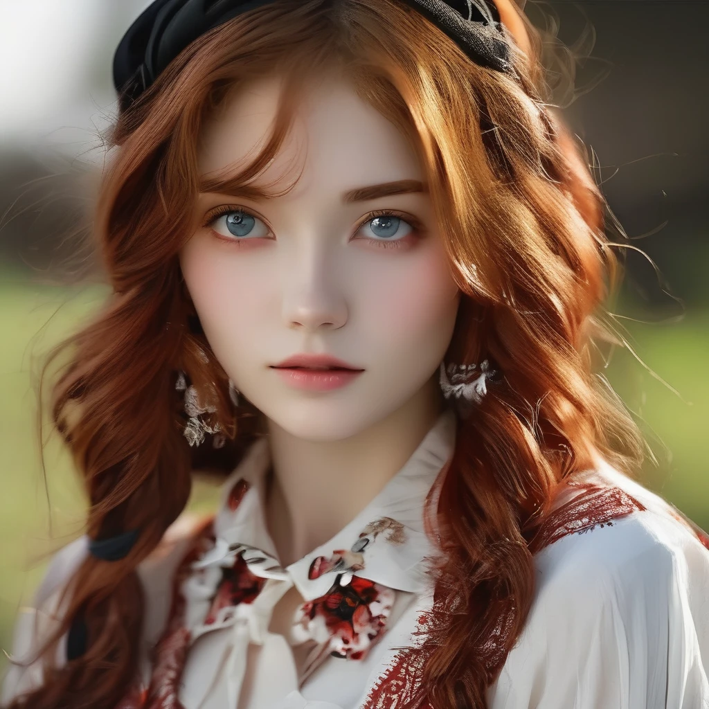 best quality, masterpiece, solo, 1girl, red hair, shirt, red eyes, black beckground, full faces