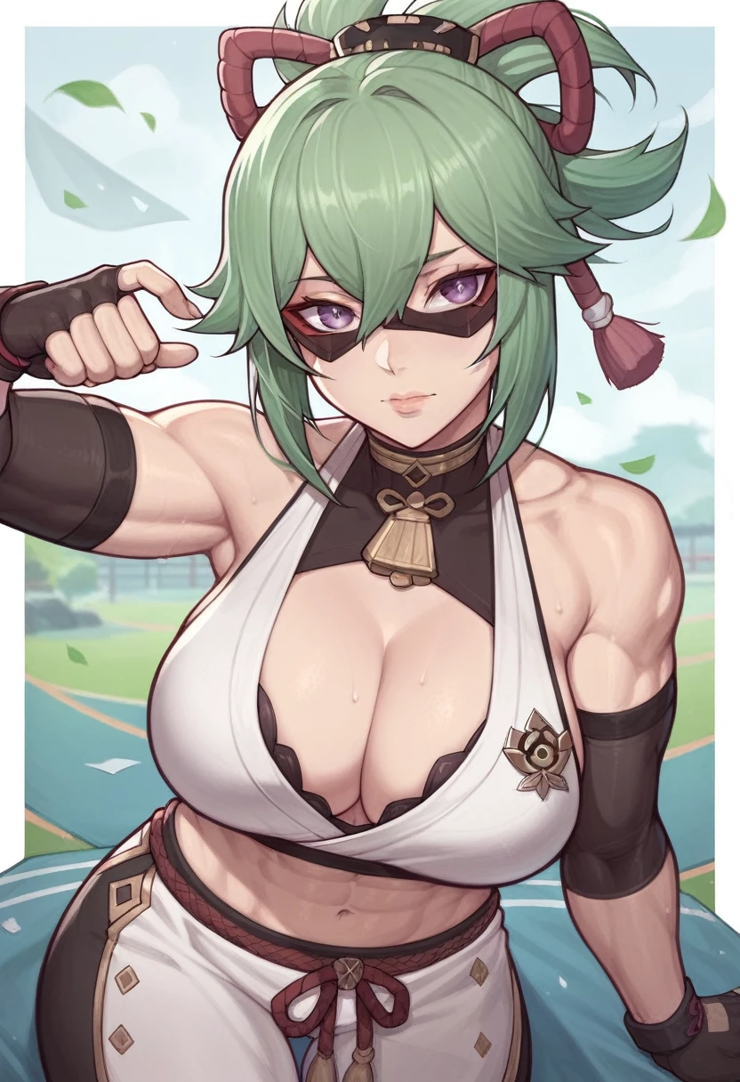 _asura style, kuki shinobu (genshin impact), 1girl, solo, muscular, sport woman, green hair, mask, purple eyes, cleavage, looking at viewer, large breasts