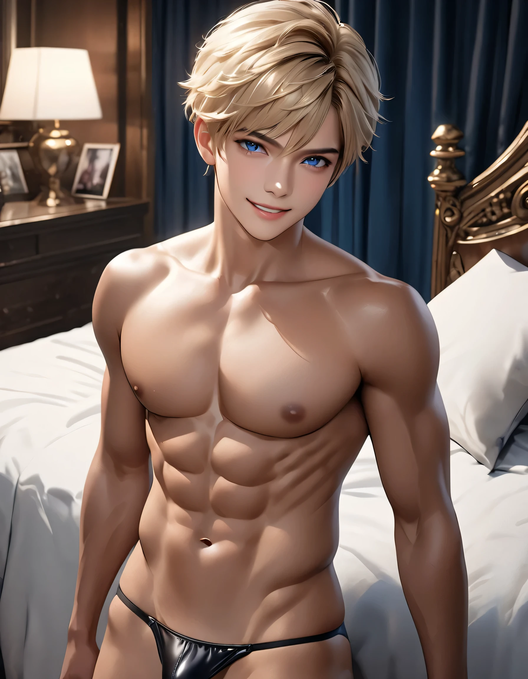 high quality, detailed, Realistic,(2boys:1.2), ( tanned idol boys), (detailed blue eyes), (blond short hair), (abs), (tanned dark brown skin), night palace bedroom, (black tiny thong), (bulge), (detailed nipples), detailed areola,best quality,4k,8k,highres,masterpiece:1.2),ultra-detailed,(realistic,photorealistic,photo-realistic:1.37), looking at viewer,smirk,face close up, --no watch,