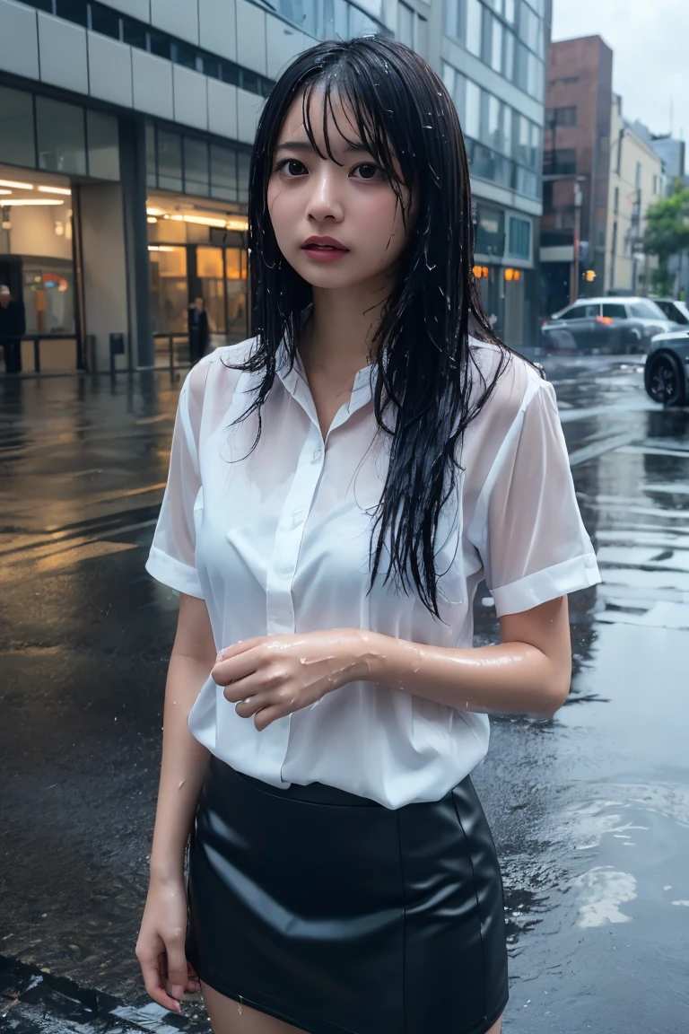 (masterpiece, Highest quality, One Girl, Beautiful office lady, Very wet, soaked from heavy rain, Long black hair, Straight hair, White blouse, Dark Skirt, Serious expression, Street background, Detailed Scene, Reflective Puddle, Dark Clouds, heavy rain, realistic rain effect)