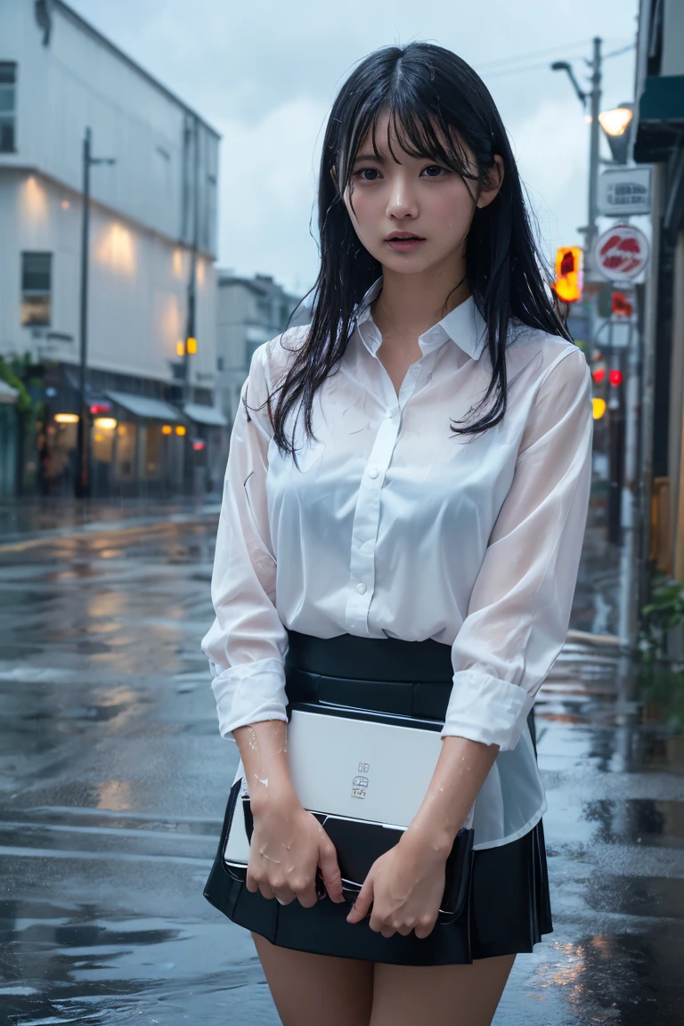 (masterpiece, Highest quality, One Girl, Beautiful office lady, Very wet, soaked from heavy rain, Long black hair, Straight hair, White blouse, Dark Skirt, Serious expression, Street background, Detailed Scene, Reflective Puddle, Dark Clouds, heavy rain, realistic rain effect)