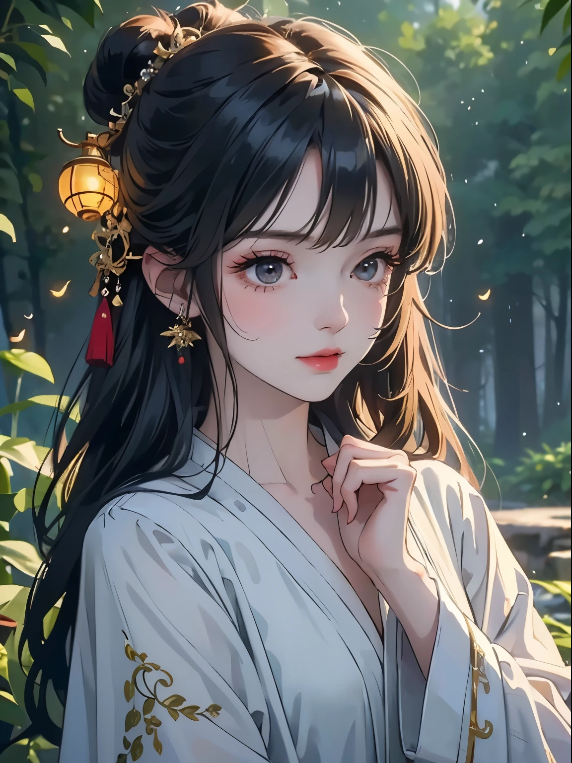 1 Girl, ,,giggle, High-definition images, A woman, Her hair is decorated with glowing fireflies, There is a charming light in the eyes. Wearing a robe woven from moonlight, She stood in a mysterious forest,The trees there are full of life. on site, Bathed in the ethereal light of fireflies, captured in the style of a magical forest ar台灣ork., (masterpiece, best quality, Official Art,Intricate details:1.2)