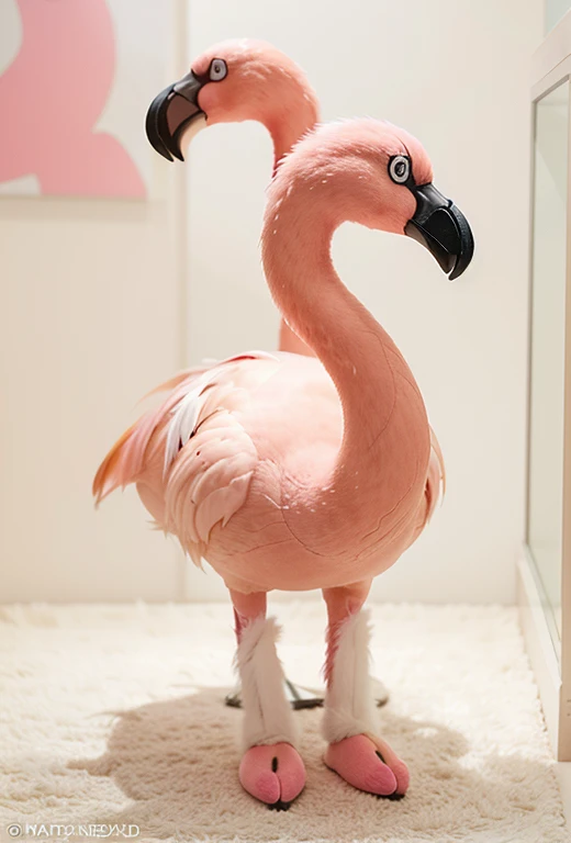 1 super adorable plush toy, (flamingo bird),, pastel hues, exceedingly cute, ultra-realistic, UHD, mascot. The plush toy, shaped like a playful flamingo, is a sight to behold with its ultra-cute design. Its pastel colors add a soft and sweet touch, making it even more irresistible. With its ultra-realistic features, every detail is crafted to perfection, from its beak to its feathers, ensuring a lifelike appearance that captivates all who see it. This plush is more than just a toy; it's an UHD mascot that will bring joy and