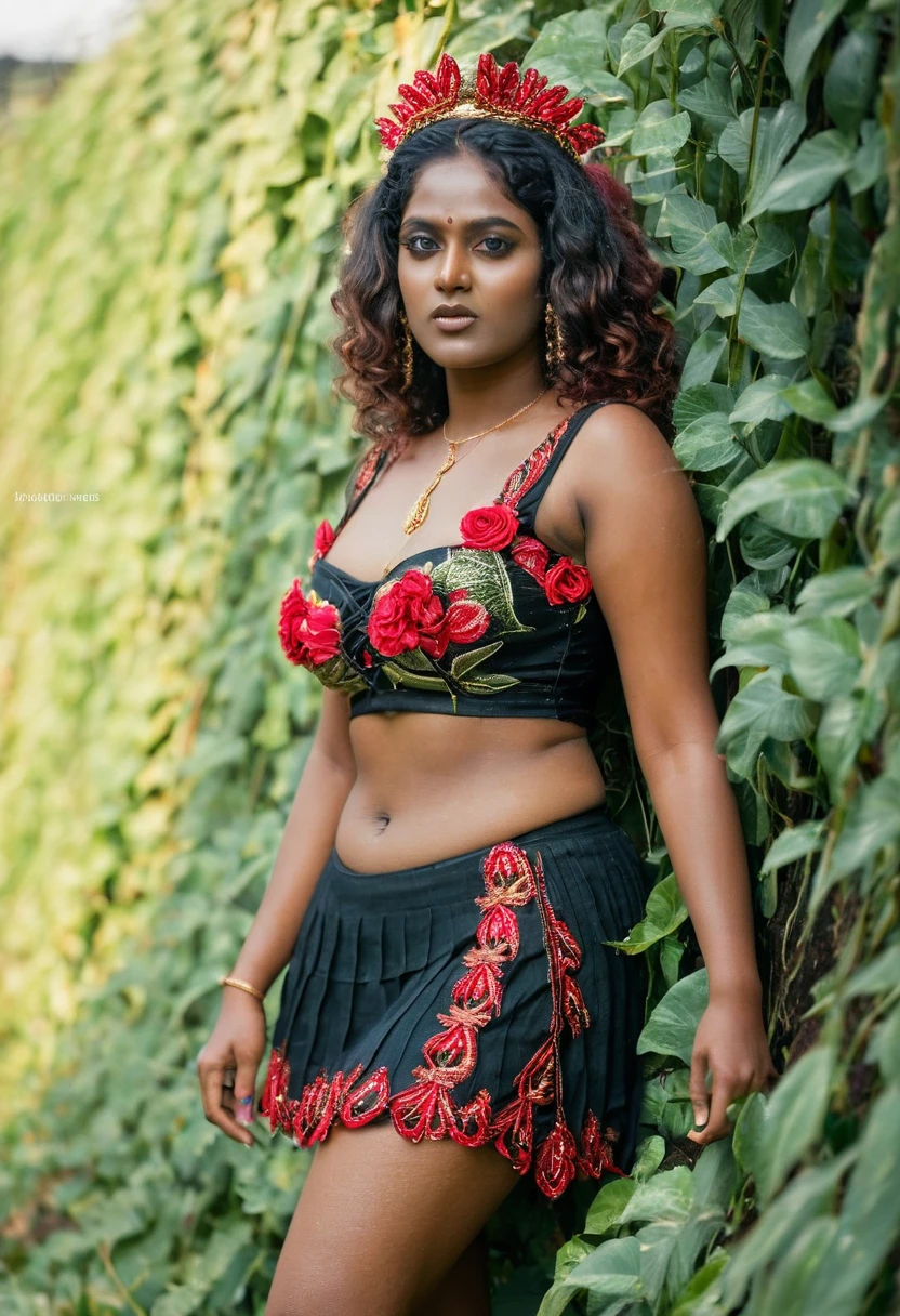 (((photo of a ancient kerala crowned temple goddess ))), (((black kali))) , (((Half Body))), (((very dark skin))), (((age 18+))), (((plus size chubby tall))), (((huge busty milky wet big massive boobs))), (((nude thick thigh))), (((ancient black mini skirt))), ((black skin dark body)), (((red ornaments))), (((depth of field))), ((( flame bokeh))), (((rain))), ((( flashing light leaks))), (((divine))), photorealistic,photo, realism, Getty Images, RAW candid cinema, 16mm, colour graded portra 400 film, remarkable colour, ultra realistic, textured skin, remarkable detailed pupils, realistic dull skin noise, visible skin detail, skin fuzz, dry skin, shot with cinematic,light leaks, RAW Image, DOF, depth of field,bokeh,mylocalgirl