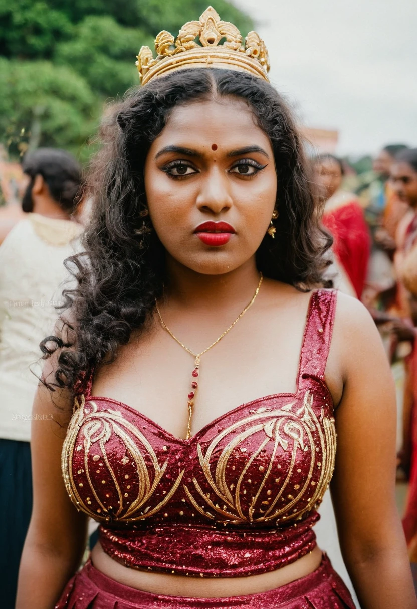 (((photo of a ancient kerala crowned temple goddess ))), (((black kali))) , (((Half Body))), (((very dark skin))), (((age 18+))), (((plus size chubby tall))), (((huge busty milky wet big massive boobs))), (((nude thick thigh))), (((ancient black mini skirt))), ((black skin dark body)), (((red ornaments))), (((depth of field))), ((( flame bokeh))), (((rain))), ((( flashing light leaks))), (((divine))), photorealistic,photo, realism, Getty Images, RAW candid cinema, 16mm, colour graded portra 400 film, remarkable colour, ultra realistic, textured skin, remarkable detailed pupils, realistic dull skin noise, visible skin detail, skin fuzz, dry skin, shot with cinematic,light leaks, RAW Image, DOF, depth of field,bokeh,mylocalgirl