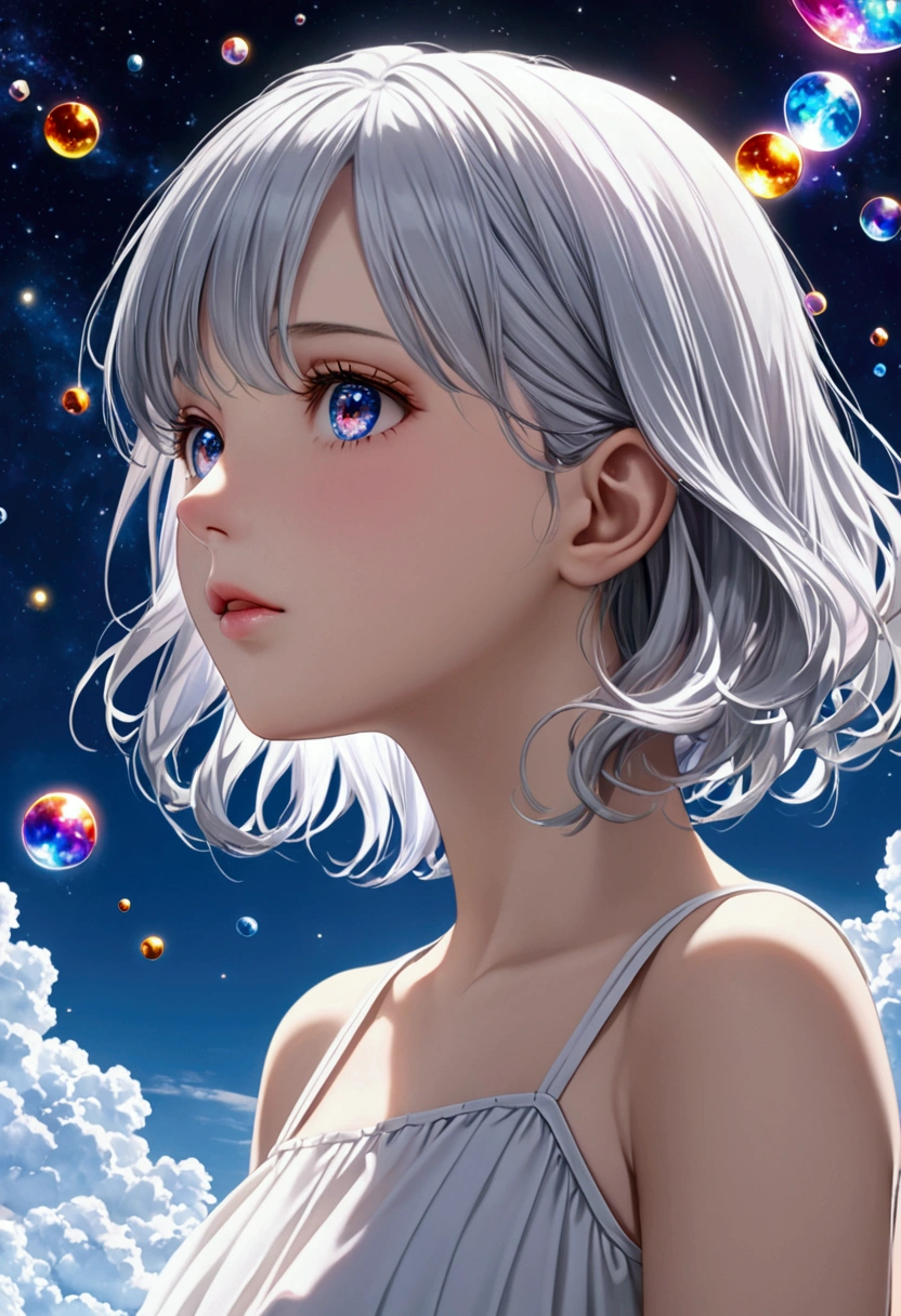 (female\(Student, , JK, short floating silver hair, cosmic colored eyes, negro , pale skin, tired face without shine in the eyes\) is looking at the sky), beautiful sky, beautiful clouds, colorful summer flowers bloom here and there, (Crystalline bubbles shine like prisms here and there in the sky.), There is the noon moon and the noon stars in the sky., BREAK ,quality\(8k,Extremely Detailed CG Unit Wallpaper, Masterpiece,high resolution,top-quality,top-quality real texture skin,Hyper realistic,increase resolution,RAW Photos,la mejor quality,Very detailed,The wallpaper,cinematic lighting,ray trace,golden ratio\),long shot