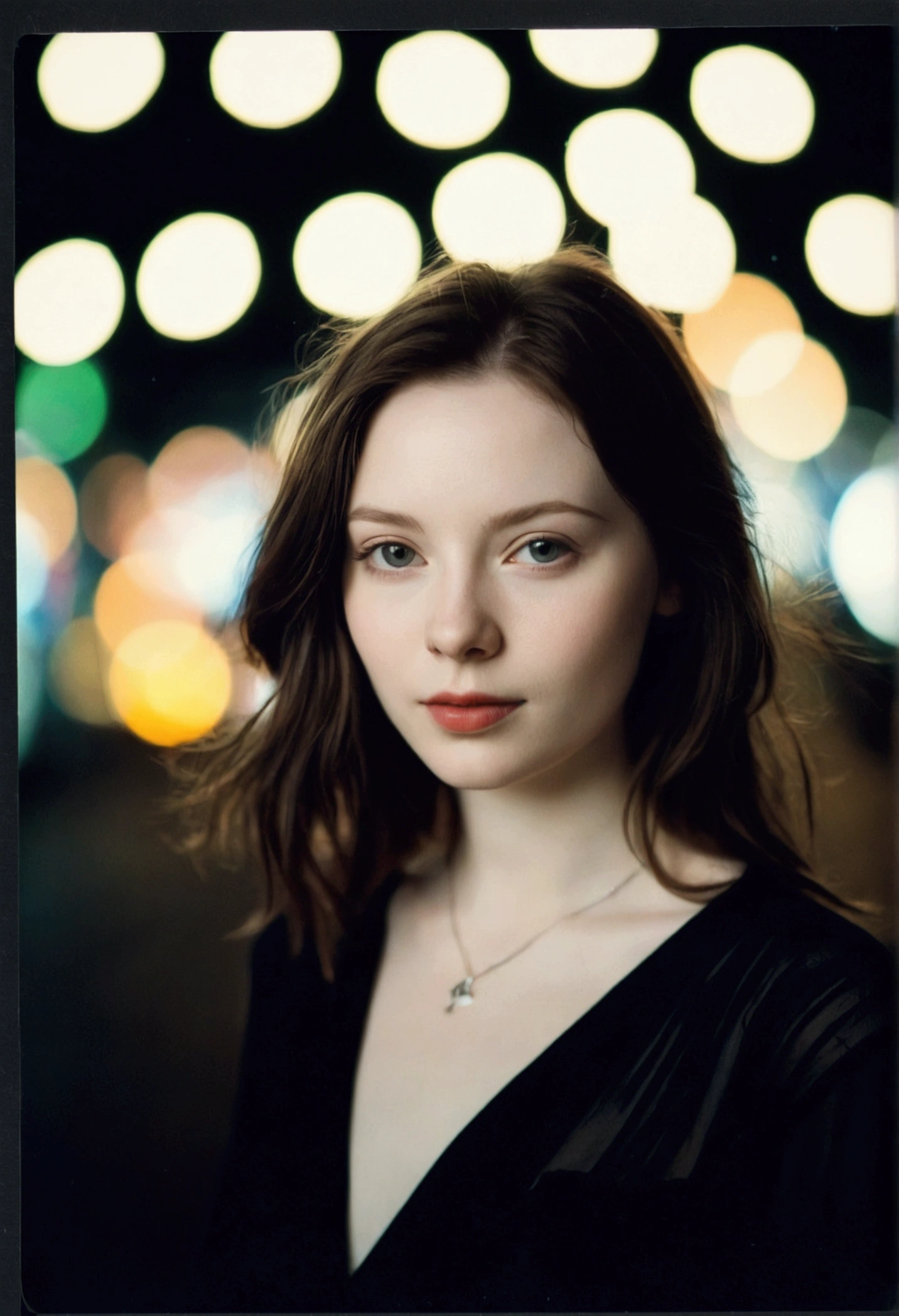 polaroid photo, night photo, 24 year old photo.oh beautiful woman, pale skin, bokeh, motion-blur