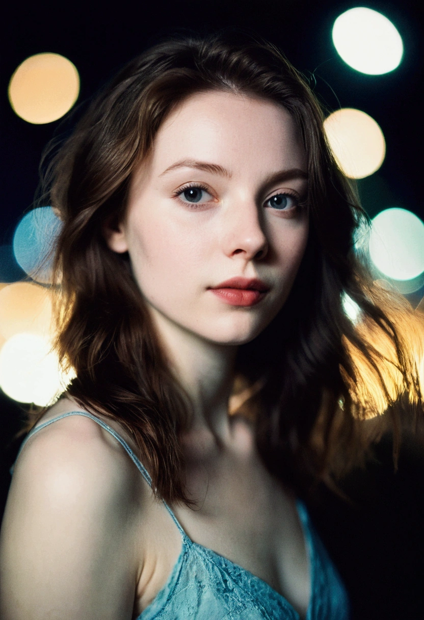 polaroid photo, night photo, 24 year old photo.oh beautiful woman, pale skin, bokeh, motion-blur