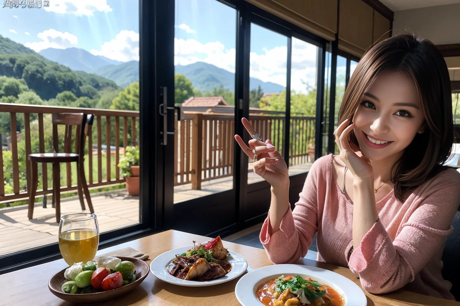 ((Highest quality、8K、masterpiece:1.3))、Shortcuts、cute、slimカップル、modelカップル、actress男優、(Realistic, Intricate details:1.2), full-course dinner、Wine Party、Amazing view of the sunset sky and clouds、A bright smile、short hair,Bright Face、45 years old), 42 years old, red wine 、Appetizers、Italian food、Wine bottle、Champagne、sparkling wine、Two beauties、Brown Hair、Shortcuts、Long sleeve shirt、dress、Beautiful woman 1, (slimな顔), (The body is slim), (Brown Hair), (Shortcuts), cheeks turn a little red,Attractive beauty、restaurant, In a prominent place (From the waist up) Nova Frog Style, actress, model, Upper Body, White wine, slim, wine glass, 中央に置かれたwine glass, smile, (smile: 1.15), Beautiful fine grain, Depth f/2,saturation, High Contrast, Strong light and shadow,Moist Body:1.5、3D texture、Delicate eyes、Brown Hair、The hair is very shiny、