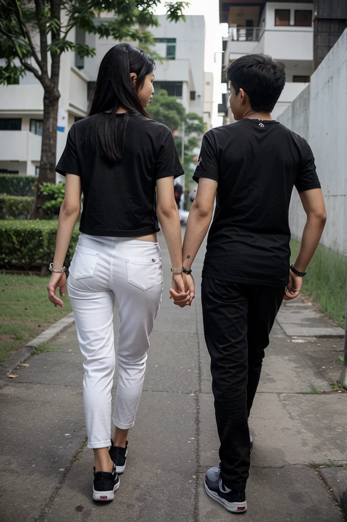 Thai couple, a 10-year-old Thai boy and a 10-year-old Thai girl, of the same height, thin and slender, walking hand in hand and wearing a black t-shirt and black pants. And they wear a black bracelet on both arms. Emphasize that they wear a black t-shirt. Seen from behind. by back.