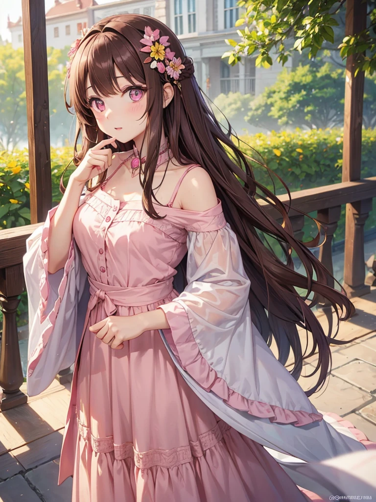 woman, pink eyes, long curry brown hair, kind, quiet girl. wear flower clips in her hair, she like princess