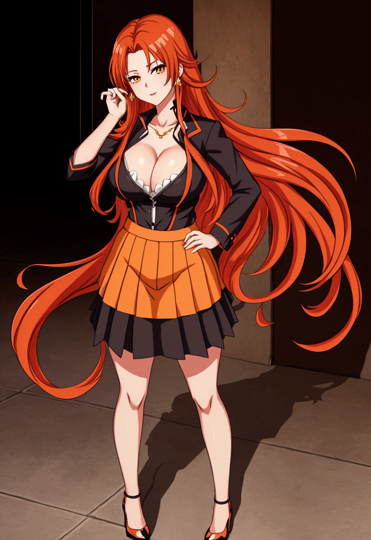 ol office ol professional attire,Anime girl with long red and orange hair and black hair, 28 years old,long hair anime girl, She has long orange-yellow hair., Attractive anime girl,shirt,Professional hip skirt,Very long hair,Large Breasts,Keep files,Exciting appearance,Front view,First Perspective,high quality,16K,Exciting appearance,very clearly,Exquisite mature facial,Royal sister,Alone,Standing front,Hands hanging down,High heel,whole body