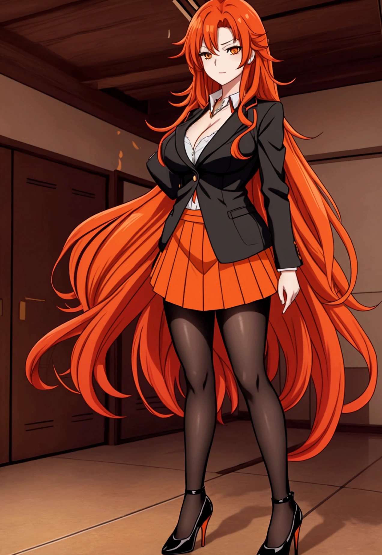 ol office ol professional attire，Anime girl with long red and orange hair and black hair, 28 years old，long hair anime girl, She has long orange-yellow hair., Attractive anime girl,shirt，Professional hip skirt，Very long hair，Large Breasts,Keep files,Exciting appearance，Front view，First Perspective，high quality，16K，Exciting appearance，very clearly，Exquisite mature facial，Royal sister，Alone，Standing front，Hands hanging down，High heel，whole body