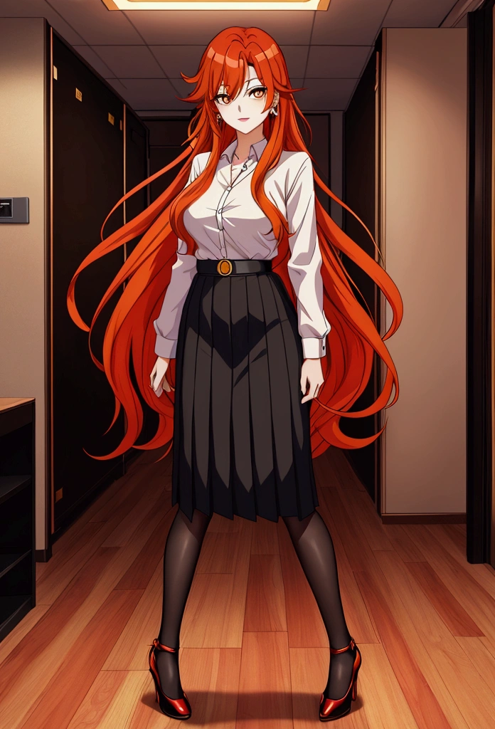 ol office ol professional attire，Anime girl with long red and orange hair and black hair, 28 years old，long hair anime girl, She has long orange-yellow hair., Attractive anime girl,shirt，Professional hip skirt，Very long hair，Large Breasts,Keep files,Exciting appearance，Front view，First Perspective，high quality，16K，Exciting appearance，very clearly，Exquisite mature facial，Royal sister，Alone，Standing front，Hands hanging down，High heel，whole body