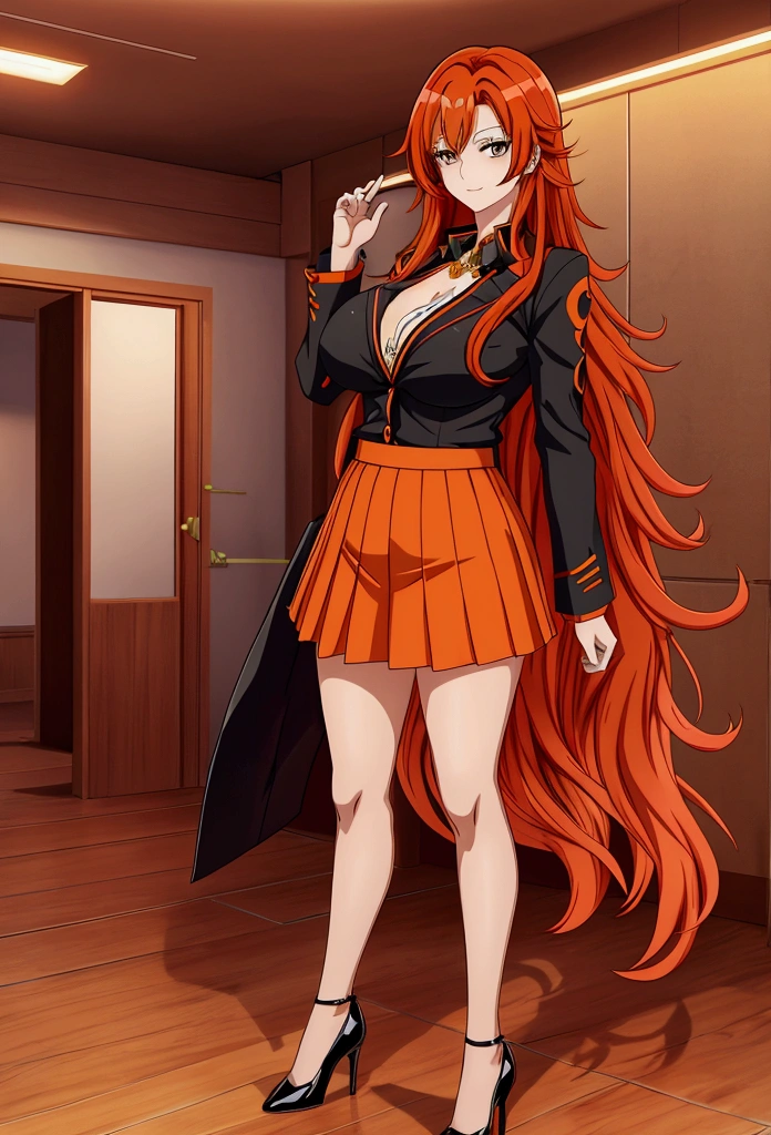 ol office ol professional attire，Anime girl with long red and orange hair and black hair, 28 years old，long hair anime girl, She has long orange-yellow hair., Attractive anime girl,shirt，Professional hip skirt，Very long hair，Large Breasts,Keep files,Exciting appearance，Front view，First Perspective，high quality，16K，Exciting appearance，very clearly，Exquisite mature facial，Royal sister，Alone，Standing front，Hands hanging down，High heel，whole body