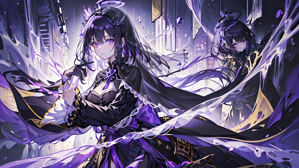 (Super detailed)),((illustration))，((masterpiece)),(((need))),((fine、Highest quality CG Unity 8K wallpapers，masterpiece），（（4K，masterpiece，best quality）），Black hair queen，Waist-length hair，Royal sister，Sexy，Tall figure，Lilac eyes，Standing upright in a coffin，Mature，Hair Bunch，Hair tied on both sides，Black and gold gauze robe，Black and purple French vintage clothing，Gorgeous pure black cape，Black veil，Purple-white halo，Black purple boots，Wearing a crown on the head，Holding a knight&#39;s sword，pyramid，Emitting dim purple light，Brilliant palace，The deep sea is filled with coffins，Mysterious symbols,individual，Full body picture