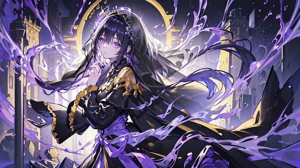 Solo,Holding Erlang's legs,gigantic cleavage breasts,serious expressions,Long black hair,Black colored eyes,Pearl shoes,Black royal robes,sitting on an royal throne,Below the eyelids,Top-down view,royal palace interior