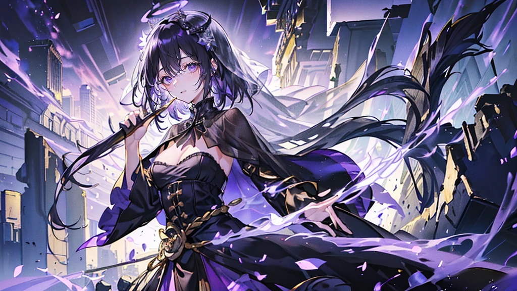 (Super detailed)),((illustration)),((masterpiece)),(((need))),((fine、Highest quality CG Unity 8K wallpapers,masterpiece),((4K,masterpiece,best quality)),Black hair queen,Waist-length hair,Royal sister,Sexy,Tall figure,Lilac eyes,Standing upright in a coffin,Mature,Hair Bunch,Hair tied on both sides,Black and gold gauze robe,Black and purple French vintage clothing,Gorgeous pure black cape,Black veil,Purple-white halo,Black purple boots,Wearing a crown on the head,Holding a knight's sword,pyramid,Emitting dim purple light,Brilliant palace,The deep sea is filled with coffins,Mysterious symbols,individual,Full body picture