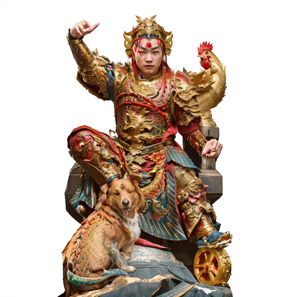 a young chinese man wearing dragon robe and armour. a dog, a rooster, chinese mythology, a red crab tattoo on forehead, stepping a golden wheel,