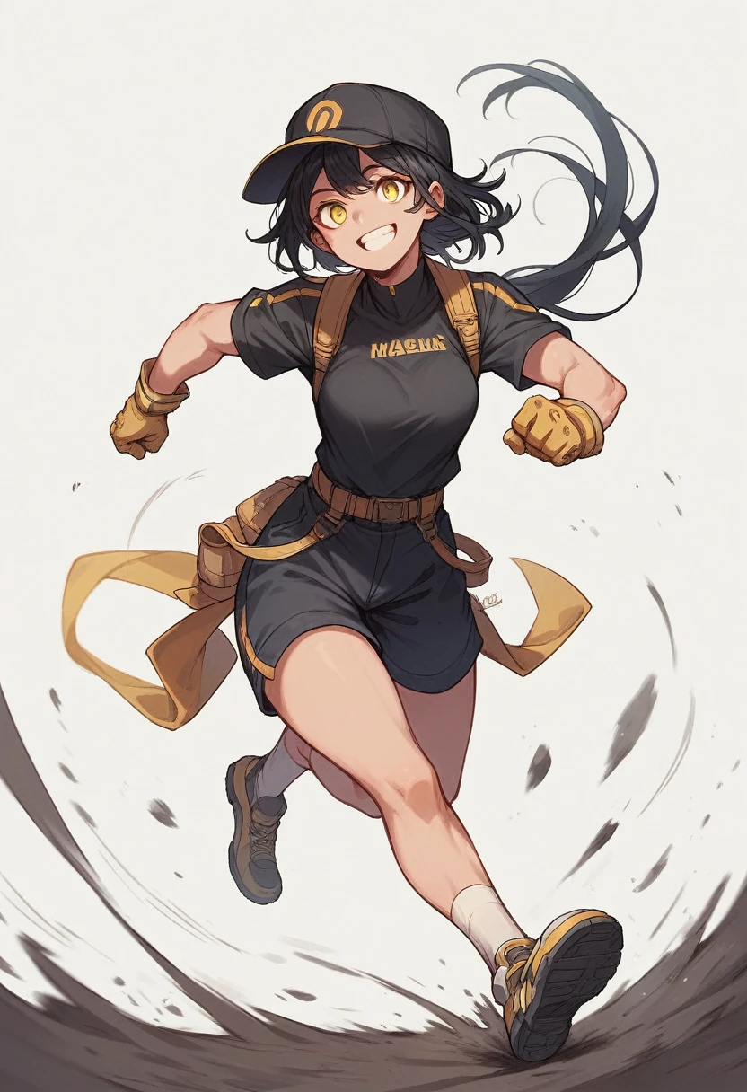 A girl, smile, black hair, big yellow eyes, no body, running, simple white background, with hat, with glove