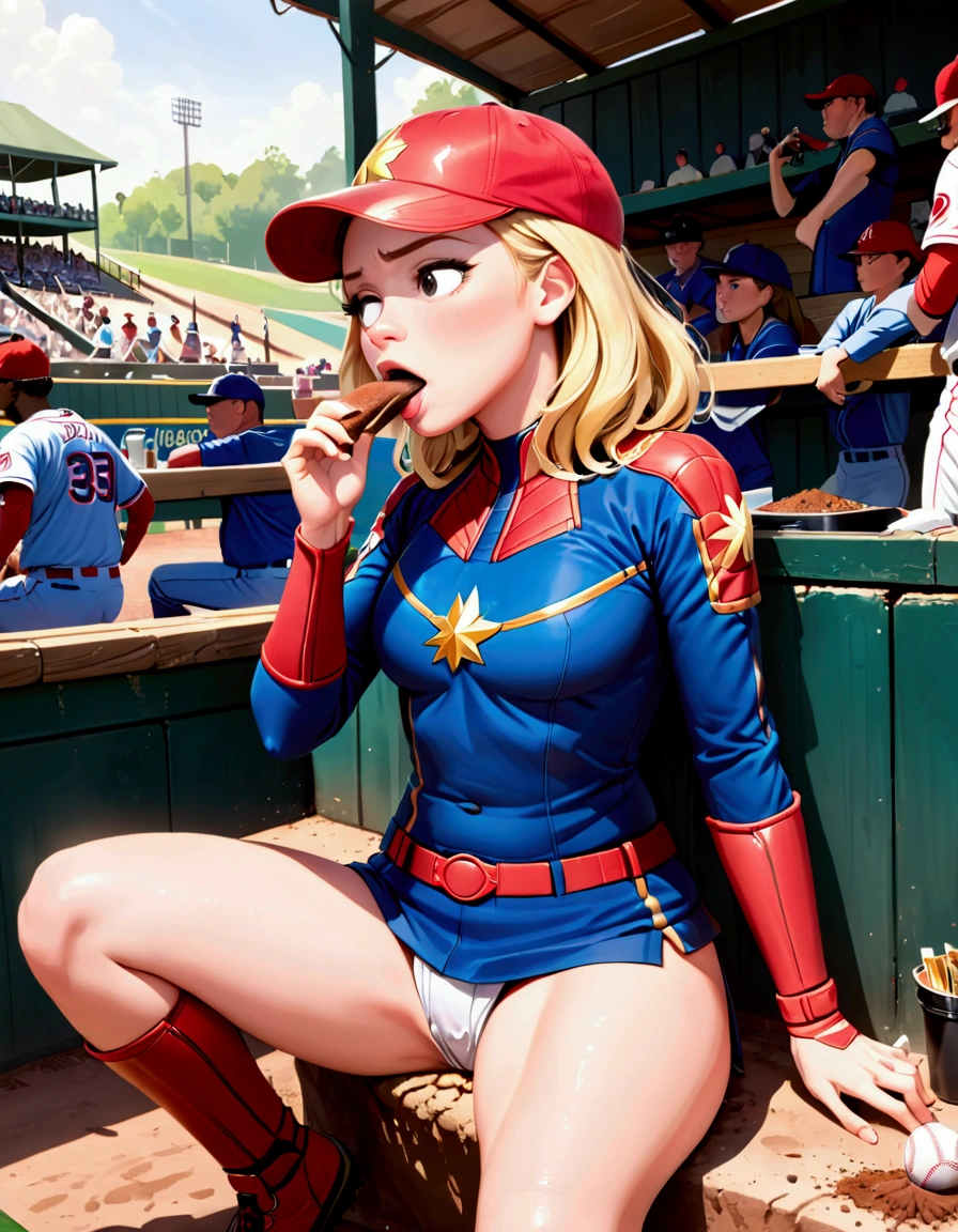 (Brea Larson, age 25, Captain Marvel, baseball cap, chewing tobacco) she is sitting in the baseball dug out spitting into a cup, crowded dugout, baseball game