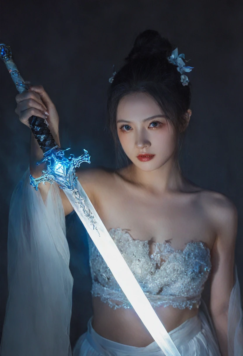 Female swordsman topless photography,Atomic Correct,Raw, Lenses, (Clear focus:1.5), (Reality:1.4), Dusk lighting, Volumetric Lighting, Ultra-high resolution, 16K,Dramatic Lighting, White background:1.5),Glowing sword,(fighting stance),Hold the sword hilt tightly in your hand,1 sword,Solitary,(Zentangle,Mandala,Tangles,Entanglement:0.7) , Depth of Field, Dreamy atmosphere, The most beautiful form of chaos, grace, Brutalist design dark theme, Flower of Death, Flowers of ecstasy,glowing line,Glow Example,Tracking example,flash, Backlight,translucent,Light Particles,exit,xianxia