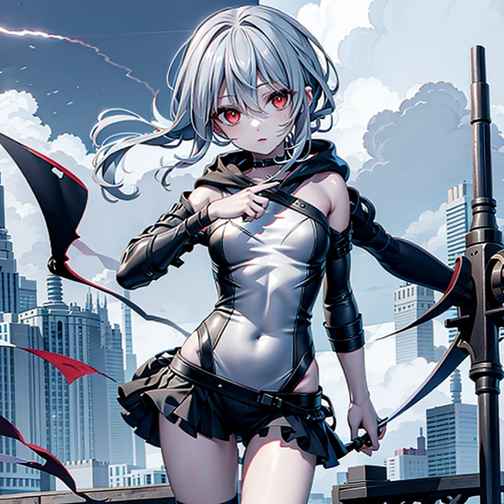 (Tabletop, Highest quality), (Perfect athletic body: 1.2), (Fine hair), Very detailed, Anime Style, whole body, alone, Cyberpunk Psychic Girl, whole body dressed in tattered robes and hood, Vagabond style, Gray Hair, Red eyes, Floating in the air, Small build, Psychic Aura, White Background, whole body, Blue Flame, （（Lightning in a woman's hand））