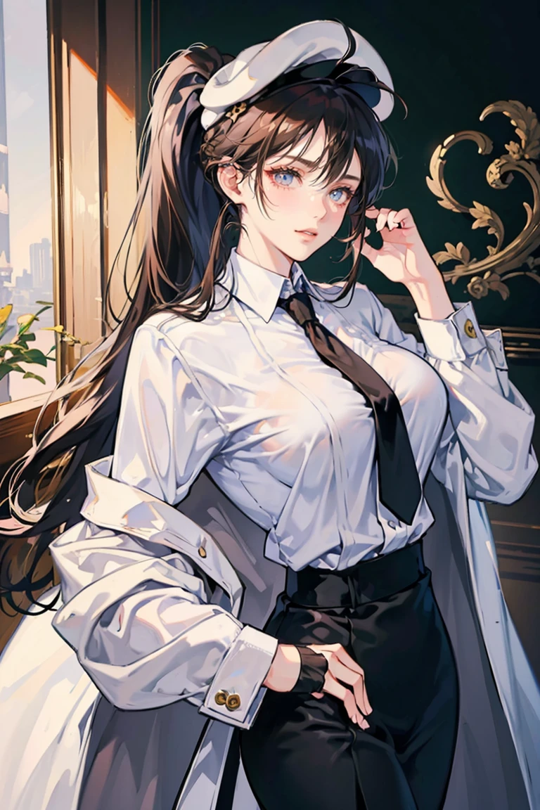 anime - (masterpiece), best quality, seductive eyes, mature face, brown eyes, long ponytail black hair, business suit, black necktie, white coat, peaked cap, tall woman, long legs, adult-like female, 1girl, big breast, smug face