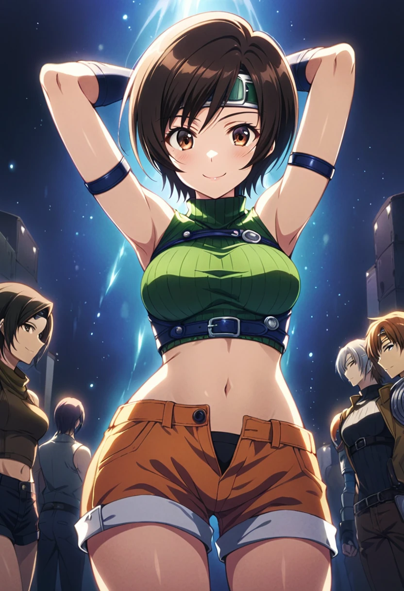 score_9, score_8_up, score_7_up,,BREAK source_anime, from below,side view,,(arms up,arms behind head).straight-on,medium shot,looking_at_viewer,1girl, yuffie kisaragi, final fantasy, short hair,headband,navel,sleeveless,turtleneck,brown eyes,sleeveless turtleneck,solo,breasts,looking at viewer,smile,gloves,crop top,brown hair,shorts,midriff,,sweater,open fly,fingerless gloves,ribbed sweater,medium breasts,yufi_kisaragi,smile,beautiful, beautiful nipple,,detailed skin,(masterpeace),(best quality),(aesthetic,very aesthetic),,highly detailed),,professional lighting,cinematic lighting,