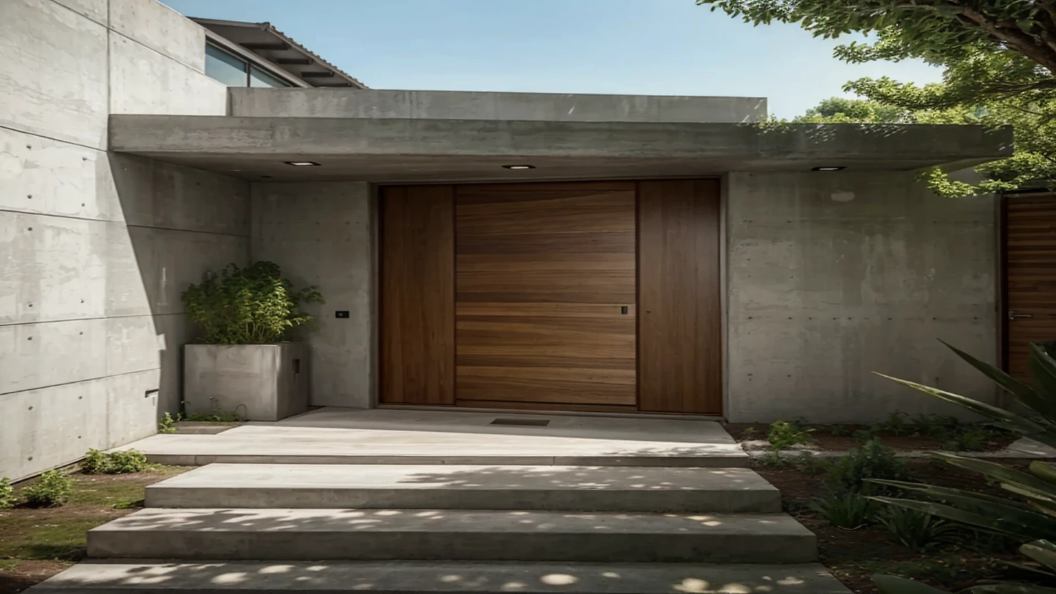 Modern house entrance with door, plants, concrete, wood, summer, photorealism