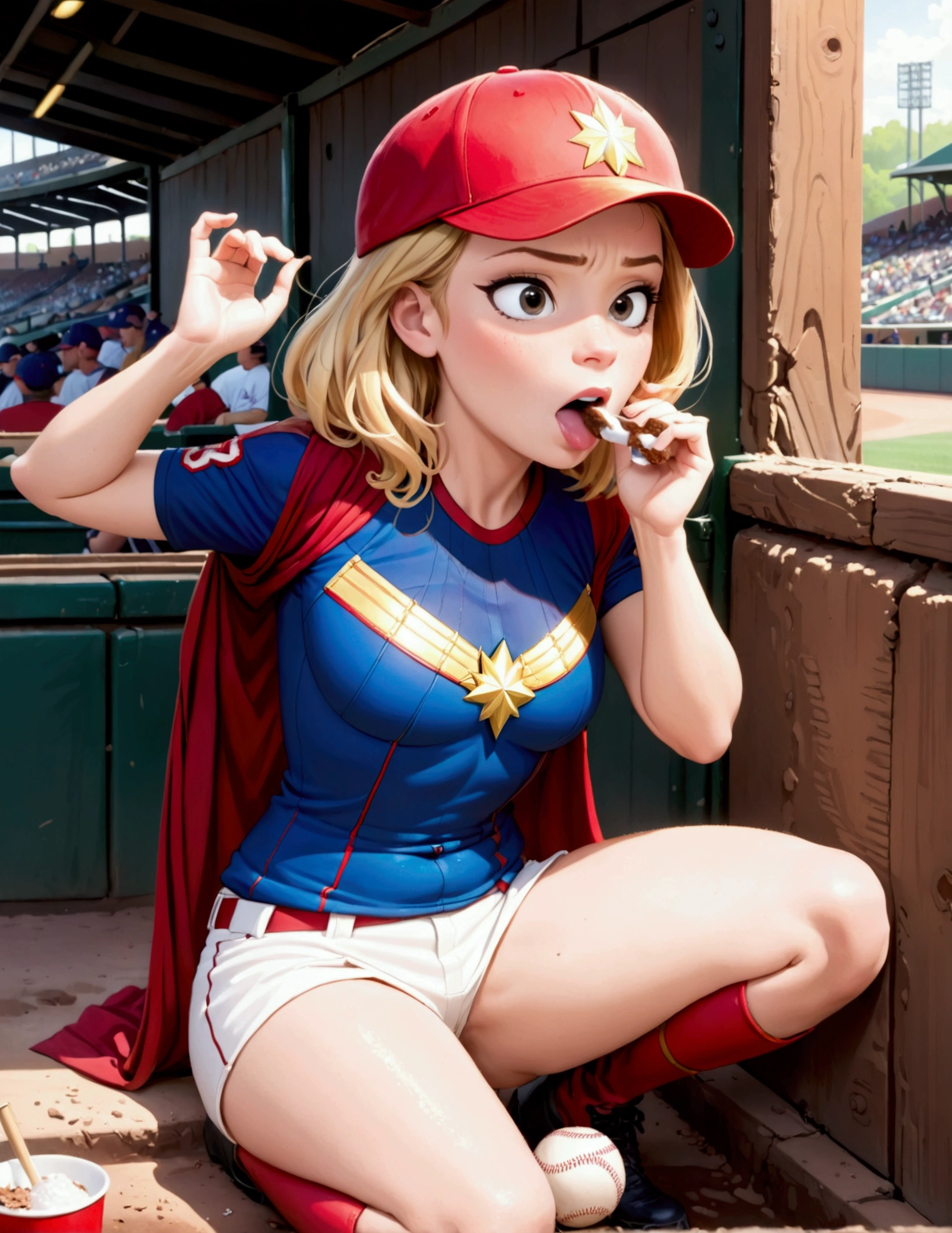 (Brea Larson, age 25, Captain Marvel, baseball cap, chewing tobacco) she is sitting in the baseball dug out spitting into a cup, crowded dugout, baseball game