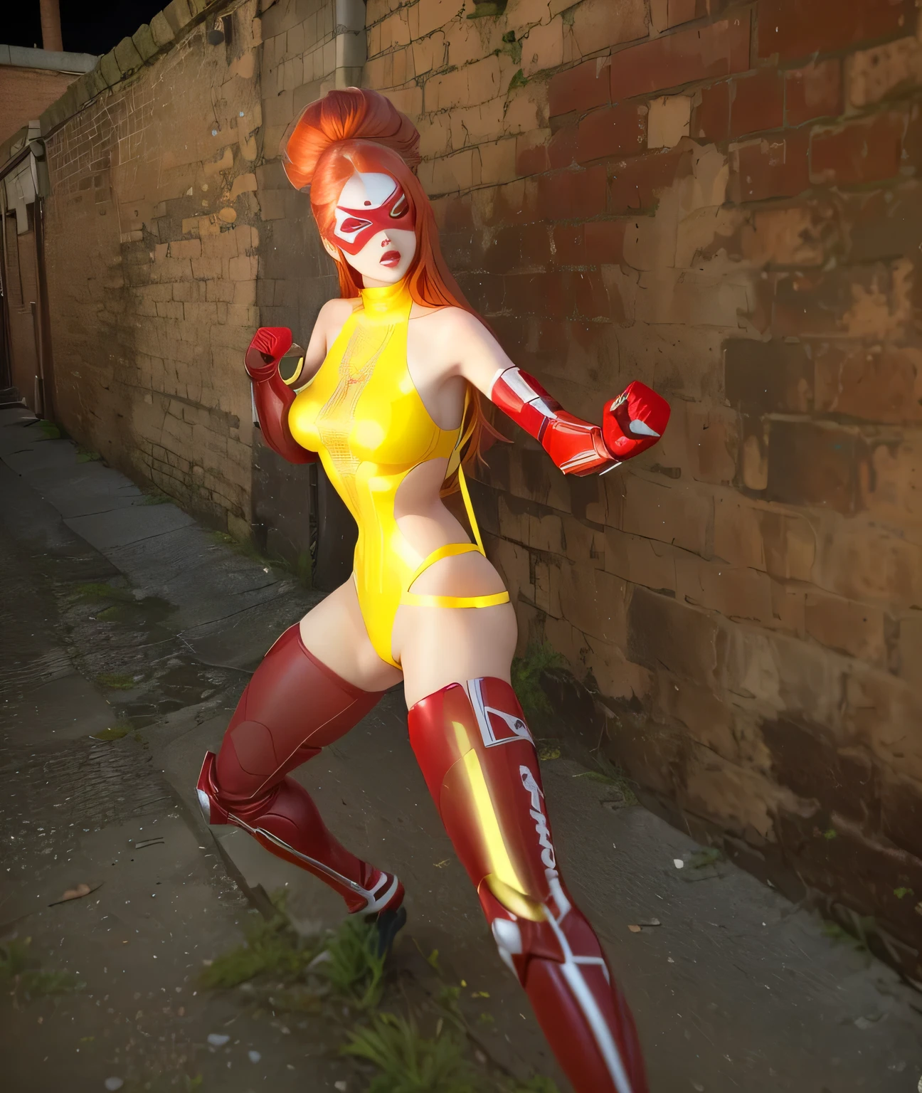  Caucasian superheroine, The girl is a gorgeous 26 year old girl, caucasian, , fully human girl, long red hair, white woman, curvy, exquisite, 26 year old, bright yellow swimsuit, red boots, red gloves, red domino mask. She is in an alley, ready to fight, in a fight stance.