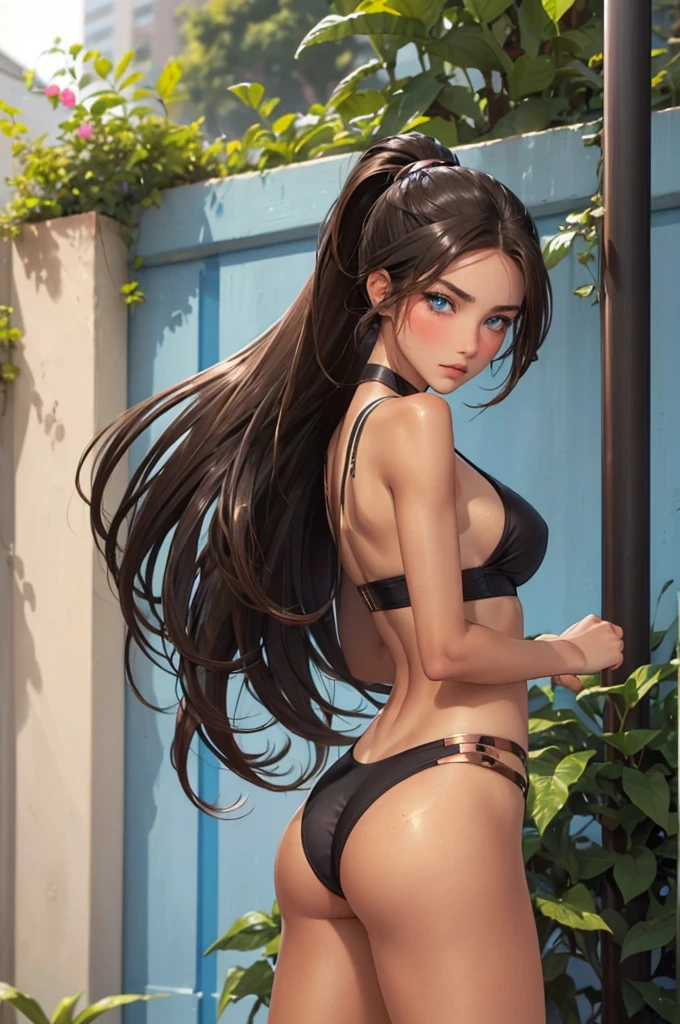 1girl,a beautiful fashion model ,(masterpiece, official art, best quality) (blue eyes) ,long and shiny hair, black hair, long ponytail, hair strand between eyes, full lips, upturned nose ((((tan skin, bronze skin, 1.3)))), big , stripping, elegant makeup, exhibitionism, naked in public, akali, slim thighs, toned body, shiny skin, sexy pose, blue eyes,(( (slender, skinny, slim))), (((bewildered, shocked, blush)))), narrow hips, wearing black thong and see-through top,