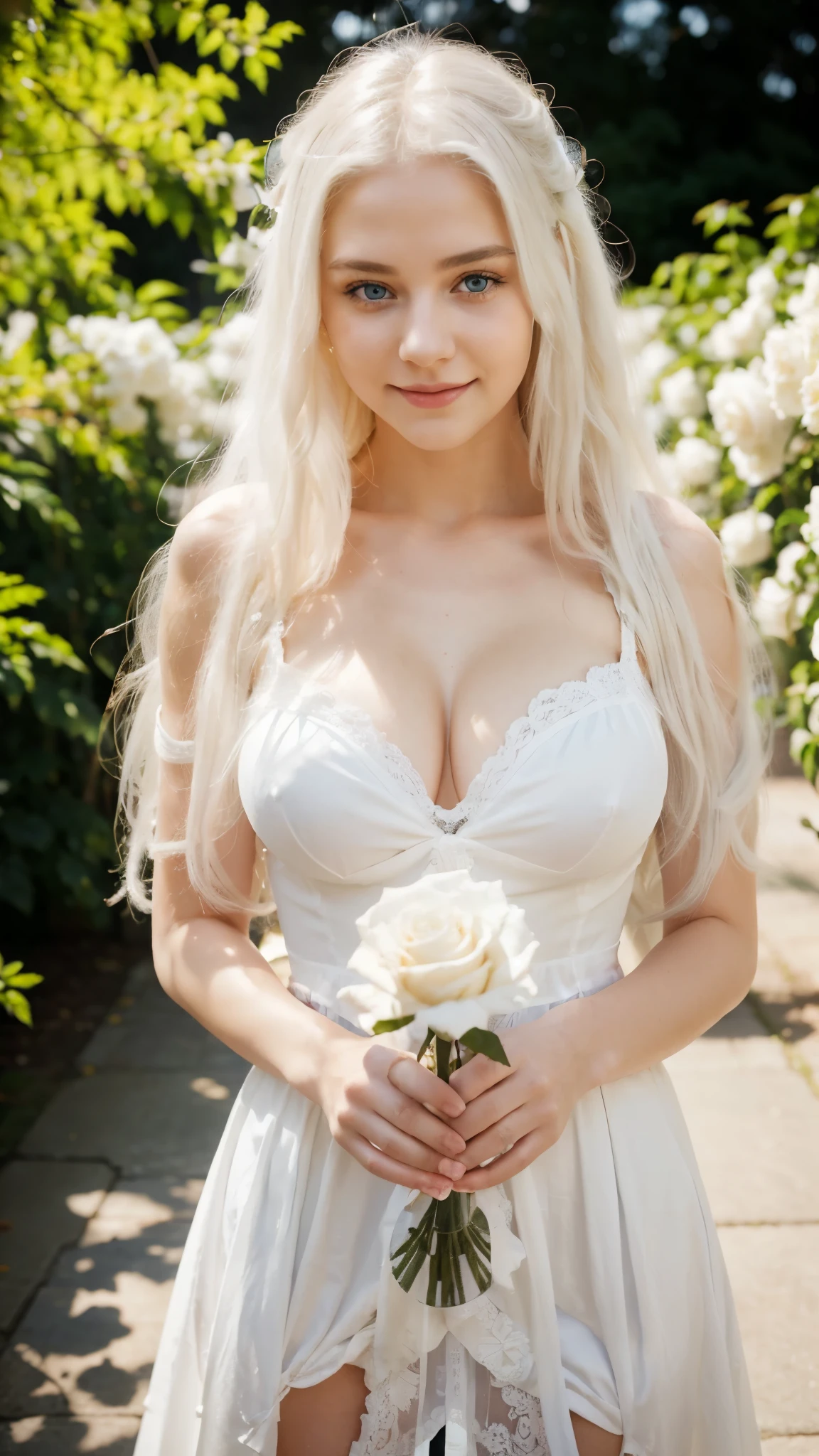 RAW photo, face portrait photo of beautiful 21 y.o woman, blue eyes, cute face, long white hair, wearing sexy dress, happy face, full body, She held a white rose in her hand, gigantic breast, hard shadows, cinematic shot, dramatic lighting