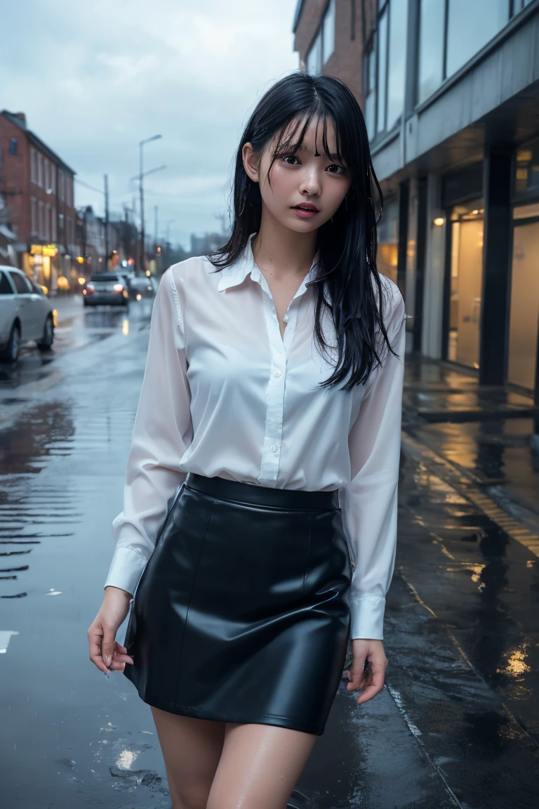 (masterpiece, Highest quality, One Girl, Beautiful office lady, Very wet, soaked from heavy rain, Long black hair, Straight hair, White blouse, Dark Skirt, Serious expression, Street background, Detailed Scene, Reflective Puddle, Dark Clouds, heavy rain, realistic rain effect)