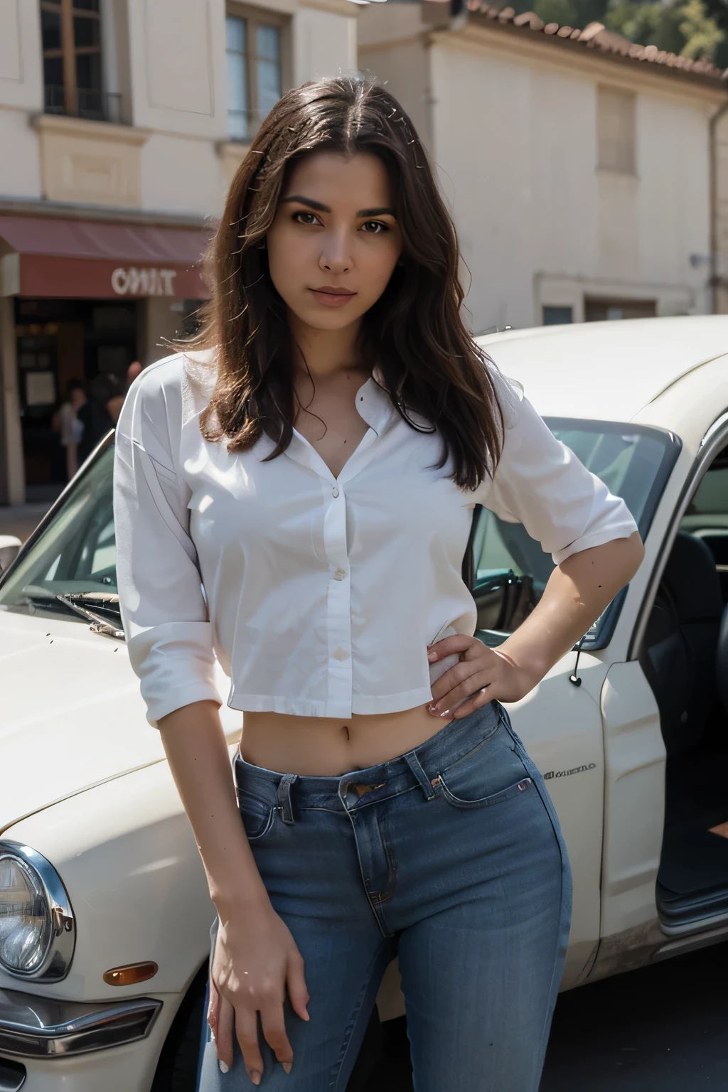 a woman in jeans and a white shirt leaning on a car, by José Comas Quesada, J. Scott Campbell, j Scott Campbell, by Mario Bardi, by Giorgio Cavallon, by Carlo Maderna, by Alfredo Volpi, beautiful comic art, ( Art Fitzpatrick ), by Eugenio Granell, by Ignacio Zuloaga, Zenescope