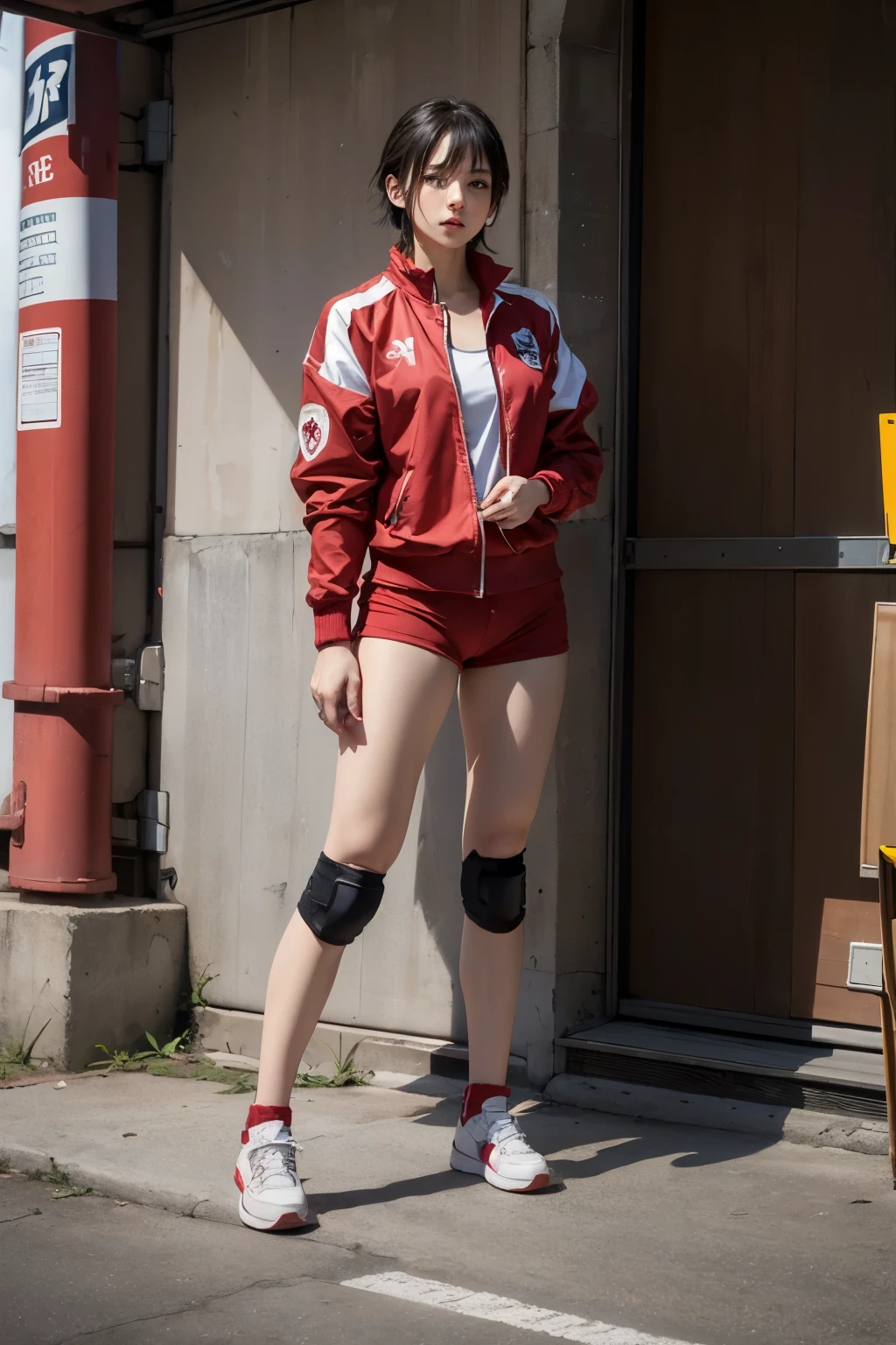 masterpiece, best quality, full body, ayuhara natsu, standing girl, short hair, red jacket, short shorts, glamour, beauty face, bandages, knee pads, sneakers, volleyball