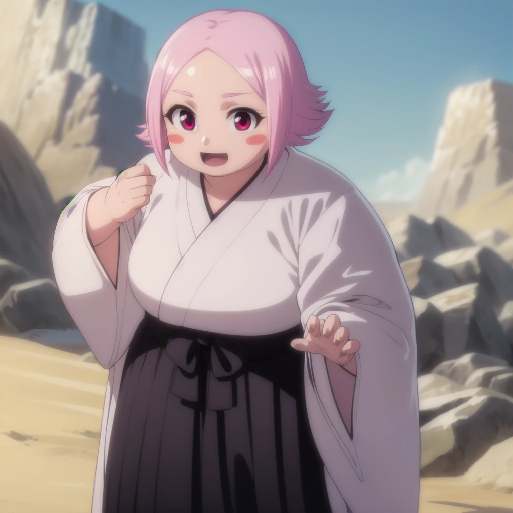 yachirukusajishi, yachiru kusajishi, short hair, pink hair, (pink eyes:1.5), blush stickers, open mouth, forehead,
BREAK long sleeves, japanese clothes, hakama, black hakama,
BREAK outdoors,
BREAK looking at viewer, (cowboy shot:1.5),
BREAK (masterpiece:1.2), best quality, high resolution, unity 8k wallpaper, (illustration:0.8), (beautiful detailed eyes:1.6), extremely detailed face, perfect lighting, extremely detailed CG, (perfect hands, perfect anatomy), Fluffy and Fat Face, Big Butt, Big Cheeks, Obese Body, Sexy, Obese Girl, oddeye, Happy, Cute Expression, Very Hot