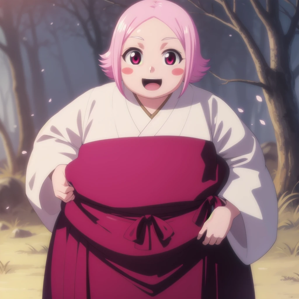 yachirukusajishi, yachiru kusajishi, short hair, pink hair, (pink eyes:1.5), blush stickers, open mouth, forehead,
BREAK long sleeves, japanese clothes, hakama, black hakama,
BREAK outdoors,
BREAK looking at viewer, (cowboy shot:1.5),
BREAK (masterpiece:1.2), best quality, high resolution, unity 8k wallpaper, (illustration:0.8), (beautiful detailed eyes:1.6), extremely detailed face, perfect lighting, extremely detailed CG, (perfect hands, perfect anatomy), Fluffy and Fat Face, Big Butt, Big Cheeks, Obese Body, Sexy, Obese Girl, oddeye, Happy, Cute Expression, Very Hot