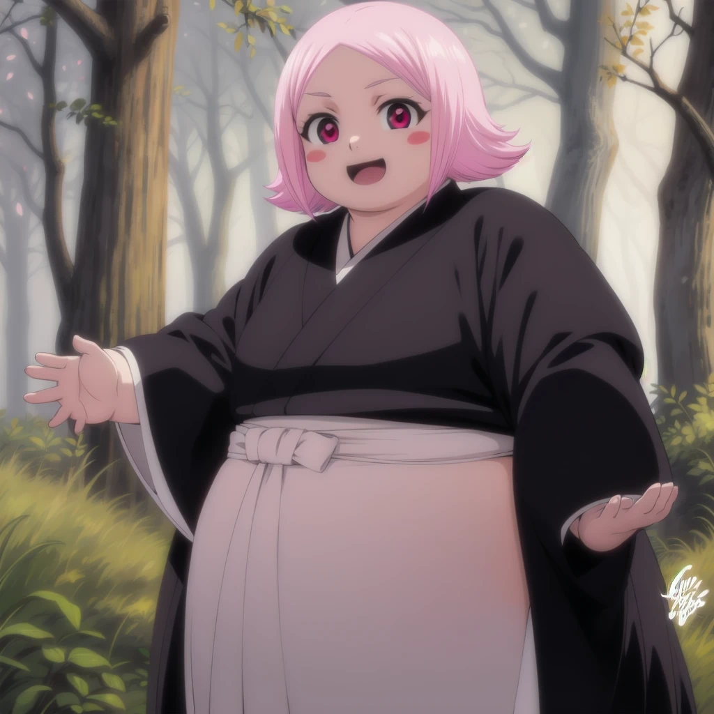 yachirukusajishi, yachiru kusajishi, short hair, pink hair, (pink eyes:1.5), blush stickers, open mouth, forehead,
BREAK long sleeves, japanese clothes, hakama, black hakama,
BREAK outdoors,
BREAK looking at viewer, (cowboy shot:1.5),
BREAK (masterpiece:1.2), best quality, high resolution, unity 8k wallpaper, (illustration:0.8), (beautiful detailed eyes:1.6), extremely detailed face, perfect lighting, extremely detailed CG, (perfect hands, perfect anatomy), Fluffy and Fat Face, Big Butt, Big Cheeks, Obese Body, Sexy, Obese Girl, oddeye, Happy, Cute Expression, Very Hot