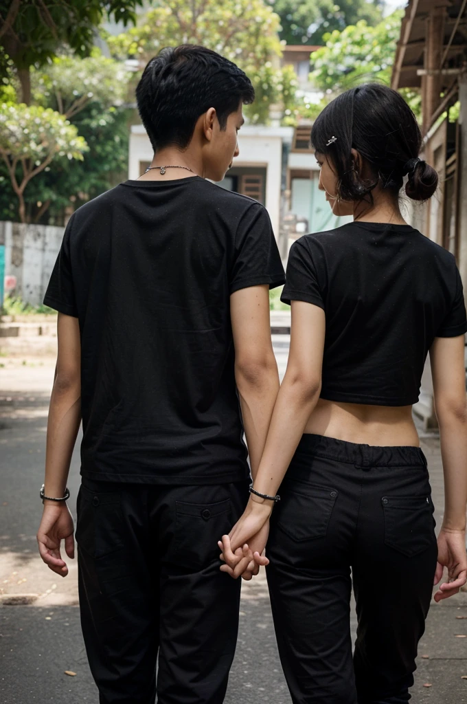 Thai couple, a -yeld Thboy and a 10-year-o Thirl, the same height, thin and slender, walking hand in hand and wearing a black t-shirt and black pants. And they wear a black bracelet on both arms. Emphasize that they wear a black t-shirt. Seen from behind. by back.